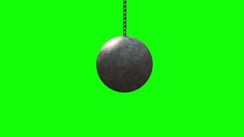 4K. Metallic Wrecking Ball Shattering The Concrete Wall. Front View. Green Screen. 3D Animation.
