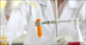Close up scene video of scientist dropping orange liquid into test tube in laboratory room.