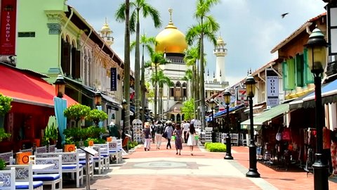 Kampongklam,Singapore - OCT 3, 2017- Street view of the Golden dome of Sultan mosque located in Kampong Glam, shopping street in Rochor district, Singapore.