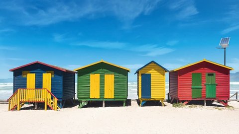 Colorful beach huts with hightech solar panel at Muizenberg near Cape Town, South Africa