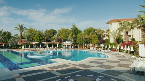 Kemer, Turkey, June 2018: Territory of the hotel with a swimming pool and leisure facilities