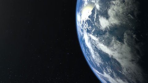 Earth from space. The camera flies forward and turns right. Stars twinkle. Flight over the Earth. 4K. The earth slowly rotates. Realistic atmosphere. 3D Volumetric clouds.