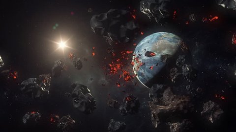 Realistic Space view of asteroids and meteors coming towards Earth for Destruction or collision, Sun can be seen far away. Best for sci fiies or documentaries
