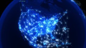 Global Communications over North America. Arrows Fly Slowly Between Cities. Blue Version. Global Connections - Destinations all over the World. Flight Paths. The High-Res Textures. - Powered by Shutterstock - Get 15% off with code: PIKWIZARD15