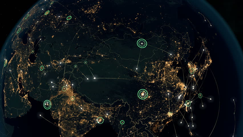 Many Arrows Fly Among Cities. Global Communications over Asia and Europe. Global Connections - Destinations all over the World. Flight Paths. The High-Resolution Texture of City Lights. 4k. | Shutterstock HD Video #1024305683