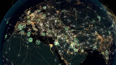 Many Arrows Fly Among Cities. Global Communications over Asia and Europe. Global Connections - Destinations all over the World. Flight Paths. The High-Resolution Texture of City Lights. 4k.