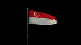 Flag of Singapore on flagpole waving on wind, realistic 3d animation on black seamless loop, 20 seconds long (alpha channel is included)