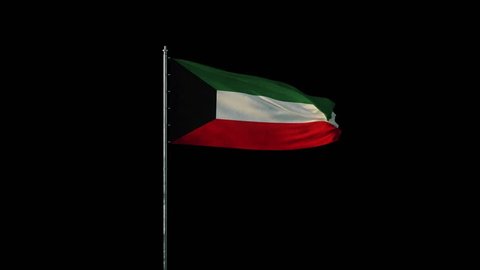 Flag of Kuwait on flagpole waving on wind, realistic 3d animation on black seamless loop, 20 seconds long (alpha channel is included)