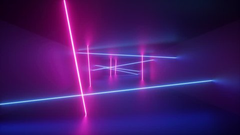 abstract background, rotating neon rays, spinning glowing lines inside endless tunnel, flying through corridor, fluorescent ultraviolet light, blue red pink purple spectrum, looped, seamless animation