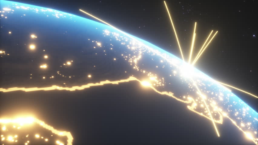 World connections with city lights. Blue. Earth globe. Spinning Earth with light lines growing from major cities all over the world.