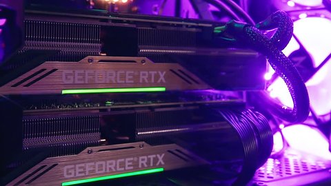 NEW YORK - February 17, 2019: The most powerful gaming computer with two best NVIDIA video cards RTX 2080 ti in conjunction across the bridge with LED backlight