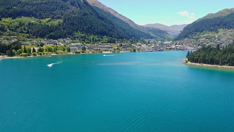 View of Queenstown area and Lake Wakatipu in sunny day, South Island, New Zealand