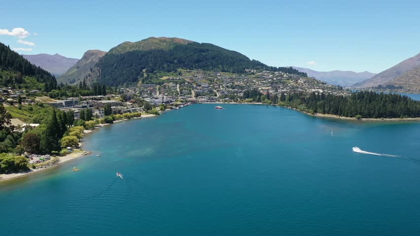 Panoramic view of Queenstown area and  Lake Wakatipu, New Zealand Royalty-Free Stock Footage #1024320647
