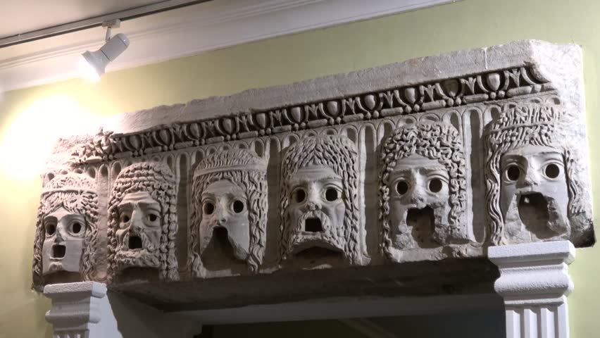 Antalya Archeological Museum, Turkey - 25th of January 2019: 4K Stone masks used to be at the entrance to Perge theater
