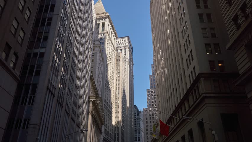 NEW YORK CITY - NOVEMBER 2016: Hyperlapse walk on Broad Street toward New York Stock Exchange in New York City, USA