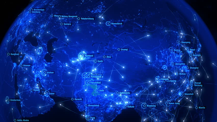 Global Communications over Asia and Europe. Arrows Fly Slowly Between Cities. Global Connections over Asia and Europe. Blue and Slow Version. Global Flight Connections. Flight Paths.  | Shutterstock HD Video #1024349552