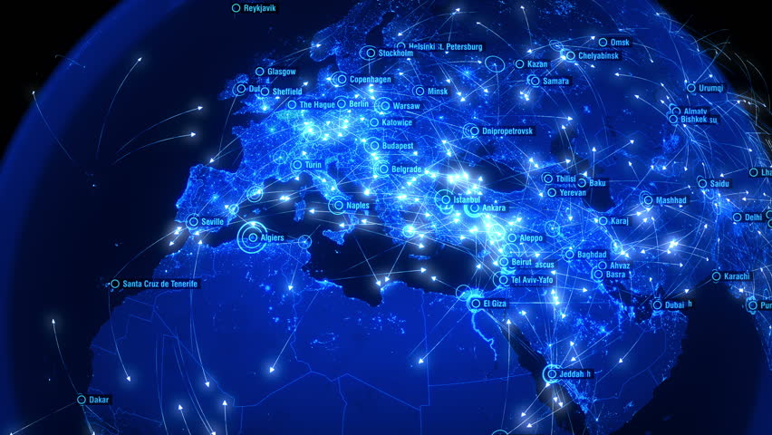 Global Communications over Asia and Europe. Arrows Fly Slowly Between Cities. Global Connections over Asia and Europe. Blue and Slow Version. Global Flight Connections. Flight Paths. 