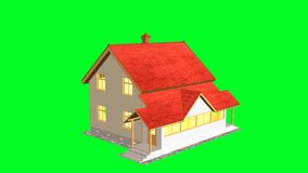 Home construction. Chroma key. Green screen background. Build structure. Time-lapse 3d animation showing a process of building of the house. House animation being assembled. Full HD