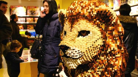 a lion made of Lego bricks inside the Lego Store of Bologna, Italy, 16 Feb 2019
