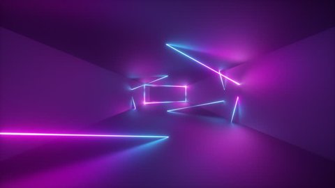 moving forward endless tunnel, abstract neon background, ultraviolet light, glowing lines, virtual reality interface, frames, hud, pink blue spectrum, laser rays