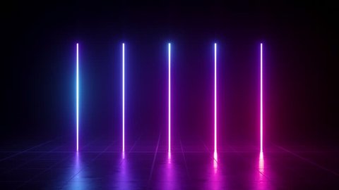 vertical glowing lines, ultraviolet spectrum, blue violet neon lights, laser show, night club, equalizer, abstract fluorescent background, optical illusion, virtual reality