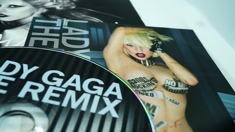 Rome, February 16, 2019: Detail of CD covers and inserts by the American singer LADY GAGA. singer, songwriter, and actress. She is known for her unconventionality and provocative work