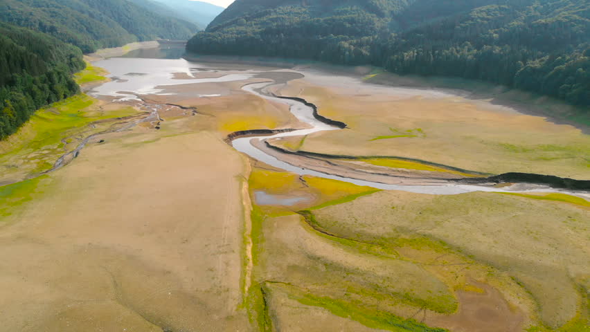 Epic nature river landscape at the mountains. Aerial Drone Footage View