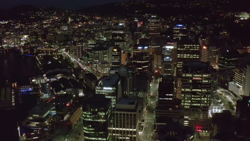 Aerial View, Downtown Wellington New Zealand At Night, 4k.