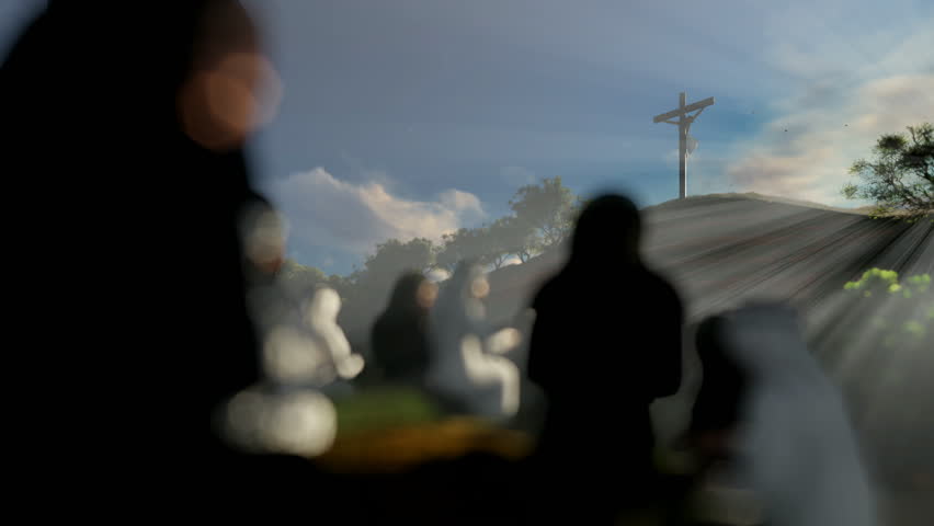 Religious believers praying at Jesus cross at dawn, 4K