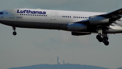 FRANKFURT AM MAIN, GERMANY - JULY 21, 2017: Airbus A340-313, D-AIGU of Lufthansa is landing to Frankfurt Airport Germany