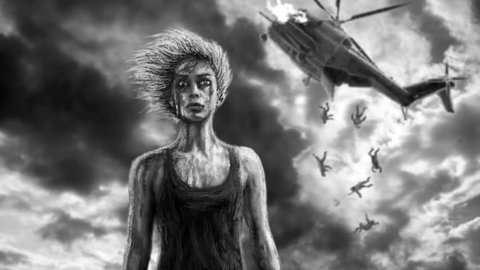 Woman soldier and falling helicopter behind. 2D animation in horror fiction genre. Creepy zombie apocalypse. Gloomy animated short film. Spooky zombie apocalypse. Dark future humanity and world end.