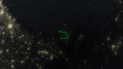 Realistic 3d animated earth showing the borders of the country Bhutan and the capital Thimphu in 4K resolution at nighttime