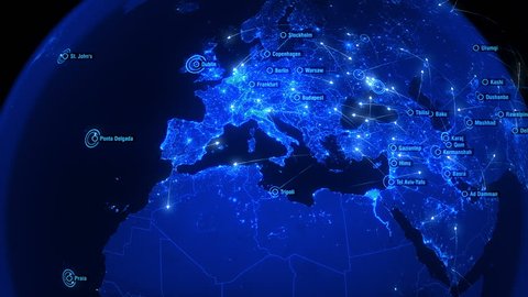 Global Communications over Europe. Arrows Fly Slowly Between Cities. Slow Blue Version. Destinations all over the World. Flight Paths. The High-Resolution Texture. City Names in English. 4k.