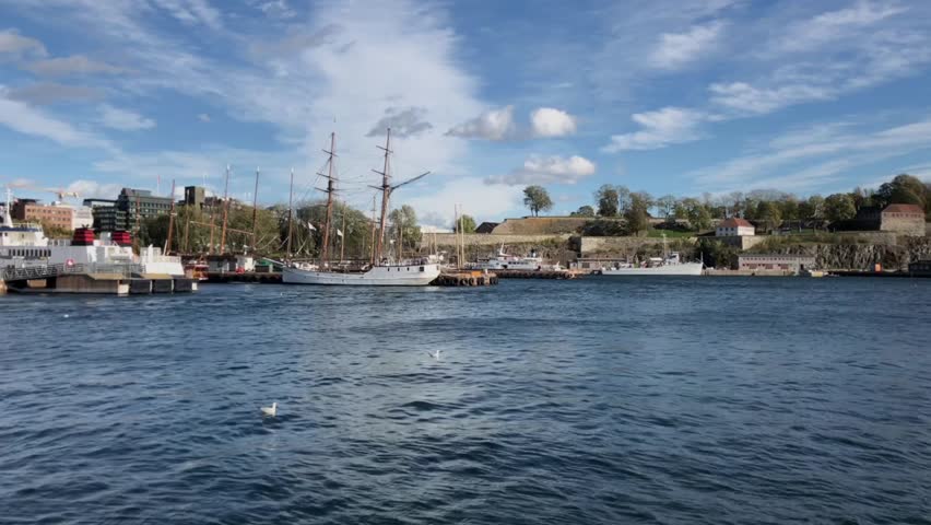 Slowmotion right pan of the Oslo Bay. Seagulls floating and beautiful ships on the horizon. Summer in Norway.
