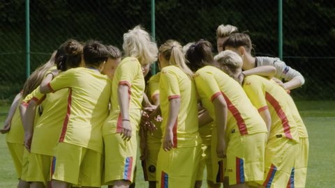 Cluj-Napoca/ Romania - June 2017: Romanian Women's Soccer Team. Team spirit. Celebrate women in sports. Football training
