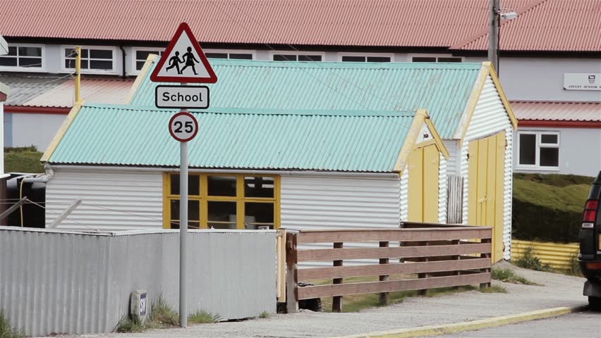 School Road Sign in Port Stanley, Capital of the Falkland Islands (Islas Malvinas), South Atlantic Ocean.  
