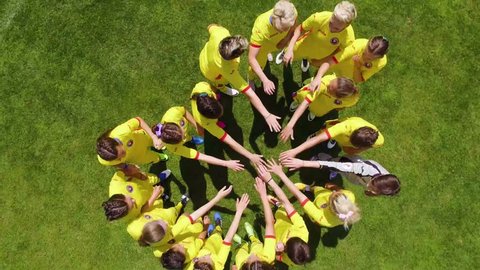 Cluj-Napoca/ Romania - June 2017: Romanian Women's Soccer Team. Team spirit. Celebrate women in sports. Football training. Aerial