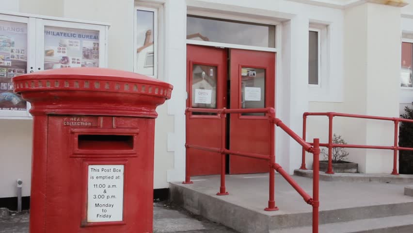 Red Post Box at the Philatelic Bureau Entrance in Stanley, Falkland Islands (islas Malvinas)