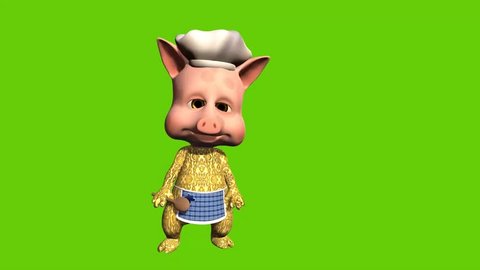 Funny 3d animation of cartoon pig chef inviting people into his restaurant of café. Set on a green screen background.
