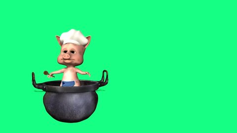3d animation of funny cartoon chef fox in a cooking pot invites you to his café or restaurant. set on a green screen background
