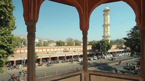 Jaipur, Rajasthan / India - Traffic in Tripolia Bazaar in front of the Sargasooli Tower.