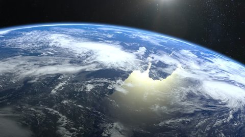 Earth from space. Stars twinkle. Flight over the Earth. The camera rotates to the left. 4K. Sunrise. The earth slowly rotates. Realistic atmosphere. 3D Volumetric clouds. The sun is in the frame.