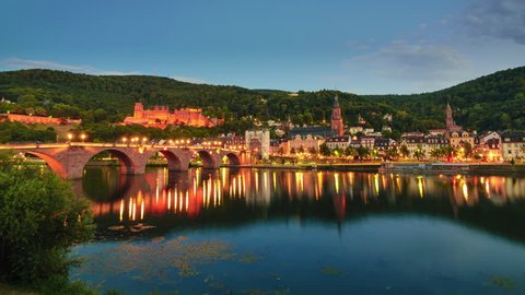 Heidelberg, Germany: long day to night hyperlapse footage of old city seen from the promenade around dusk