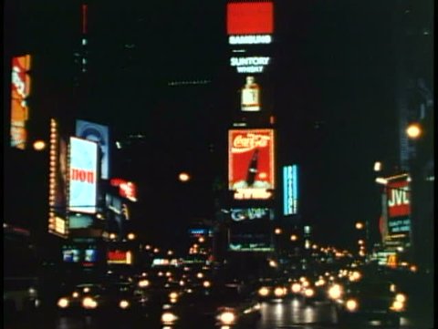 NEW YORK CITY, 1994, Times Square at night, classic view up Broadway, taxis