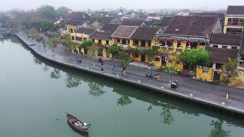 Hoi An, Vietnam: Top view of Hoi An ancient town by fly camera (drone). Hoi An is one of the most popular destinations, UNESCO world heritage, at Quang Nam province, Vietnam. Shooting on 9 Feb, 2019.