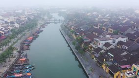 Hoi An, Vietnam: Top view of Hoi An ancient town by fly camera (drone). Hoi An is one of the most popular destinations, UNESCO world heritage, at Quang Nam province, Vietnam. Shooting on 9 Feb, 2019.