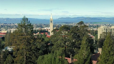 Aerial Of Berkeley University & The Cal Campus Campanile. Berkeley, California, USA. 17 February 2019 