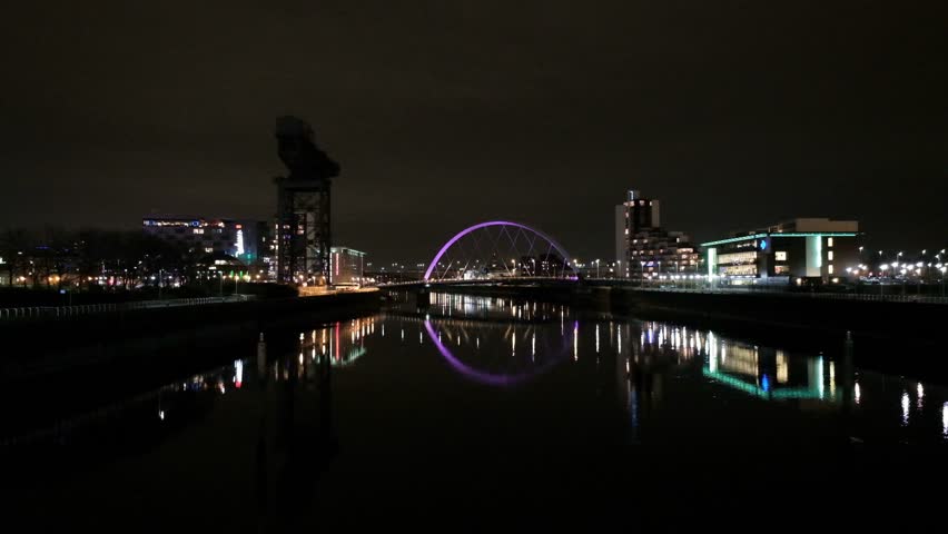 Glasgow, United Kingdom (UK) - 12 12 2018: A nighttime view down the River Clyde.