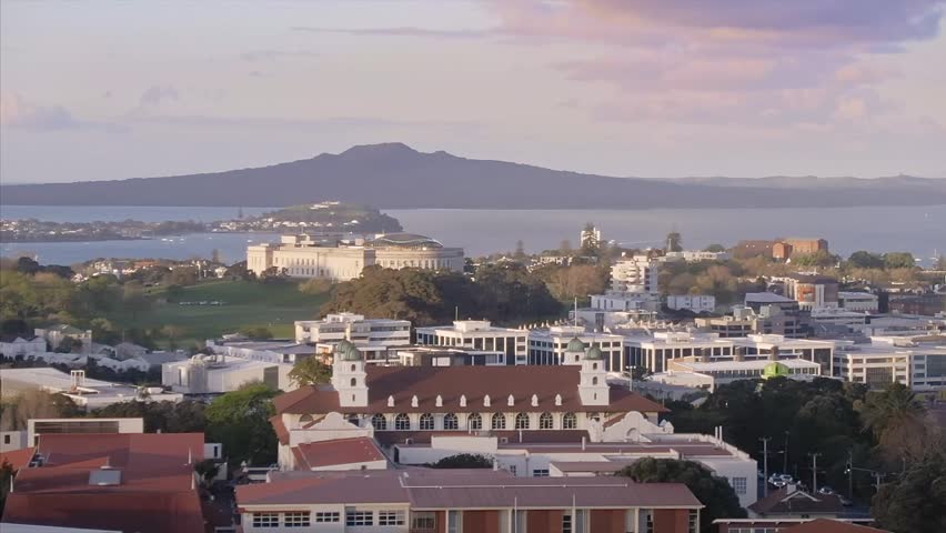 Aerial View Of Auckland City Skyline at sunset