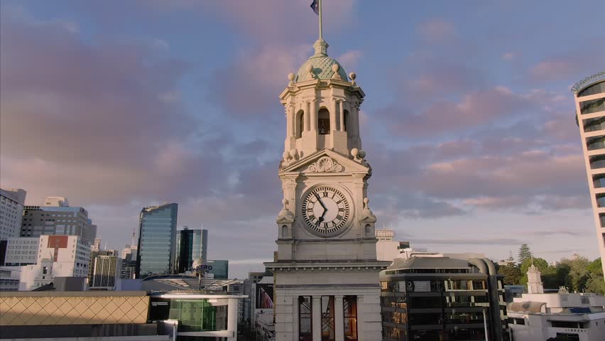 Aerial of the Auckland town hall clock tower and queen street. New Zealand